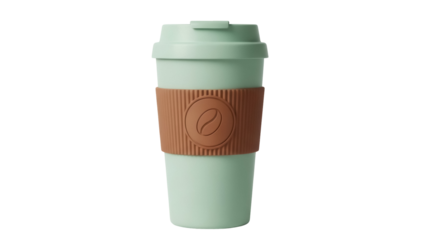 Reusable mint green coffee cup PNG isolated on transparent background, eco-friendly travel mug for hot drinks and sustainable lifestyle
