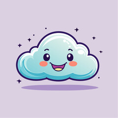 Cute cartoon cloud with a happy face and sparkling stars on a light purple background.
