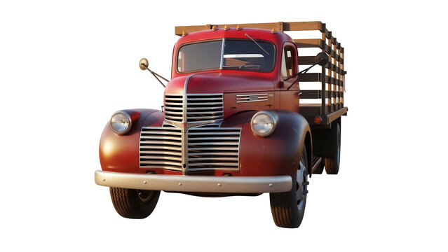 Vintage red farm truck PNG isolated on transparent background, classic American pickup with wooden stake bed for transportation