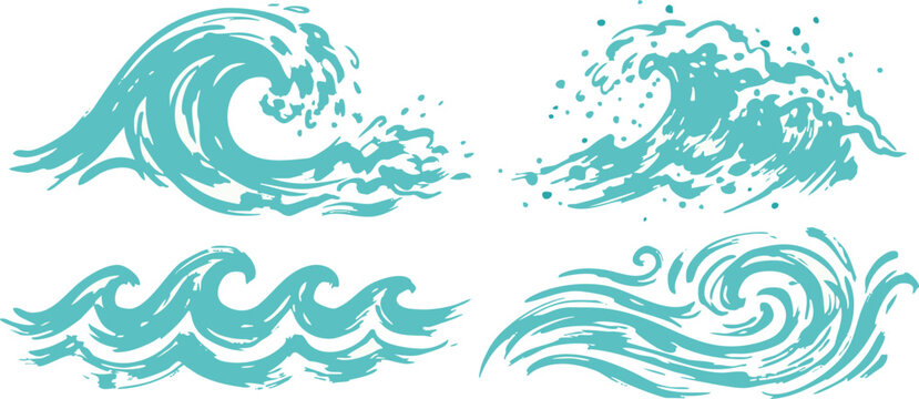 Illustrations of ocean waves from various viewpoints showcasing different wave patterns and styles