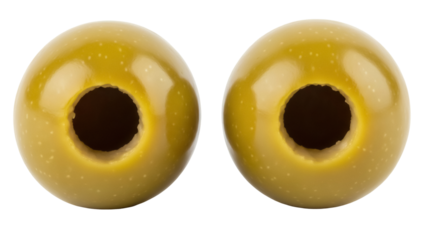 Two green olives isolated PNG on transparent background, pitted olive fruit for cooking and garnish use