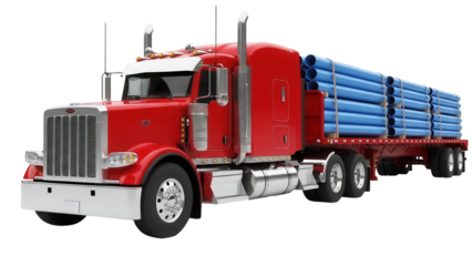 Red semi-truck with blue pipes isolated PNG, flatbed trailer carrying cargo on transparent background for transportation industry