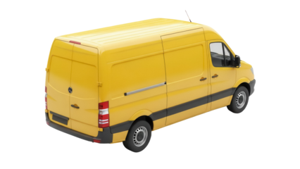 Yellow delivery van PNG isolated on transparent background, commercial vehicle for transport and logistics services