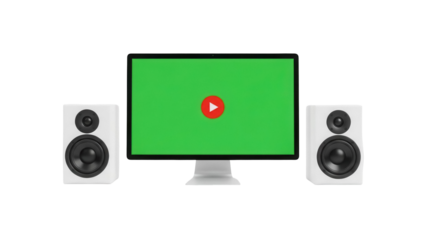 Modern computer monitor with green screen and speakers isolated PNG, multimedia equipment for home entertainment and creative projects