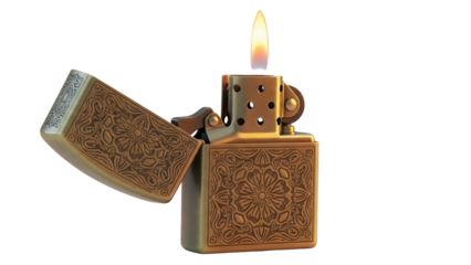 Ornate brass lighter with flame isolated PNG, vintage style lighter with intricate floral design on transparent background