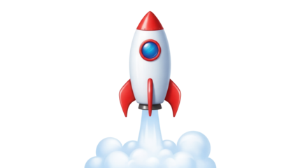 Cartoon rocket ship taking off isolated PNG, red and white space shuttle with smoke on transparent background