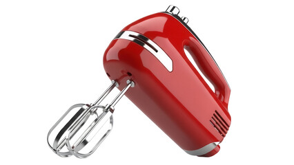 Shiny red hand mixer isolated PNG on transparent background, kitchen appliance for baking and...