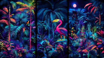 Vibrant flamingo in lush jungle tropical paradise digital art nighttime colorful concept