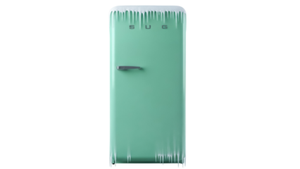 Retro mint green refrigerator with icicles isolated PNG, vintage appliance for kitchen design and holiday themes on transparent background
