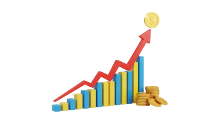 Financial growth chart with red arrow and gold coin isolated PNG, business success and investment concept on transparent background