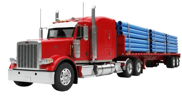 Red semi-truck with blue pipes isolated PNG, flatbed trailer carrying cargo on transparent background for transportation industry