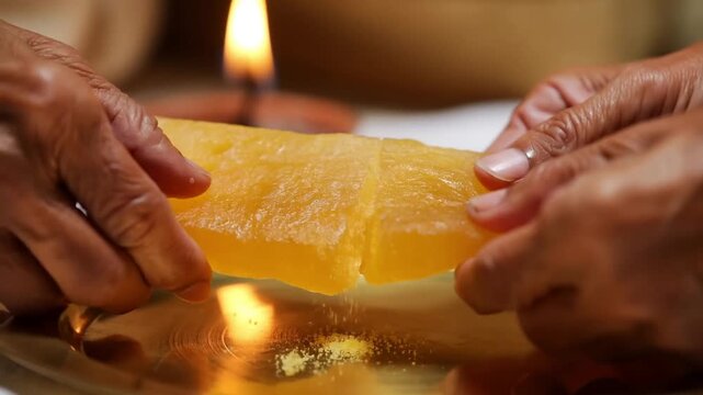 A close-up of hands from different generations breaking a slab of golden brown gur sugar together over a brass plate in the warm light of a clay lamp against a backdrop of an interior. Concept of inte