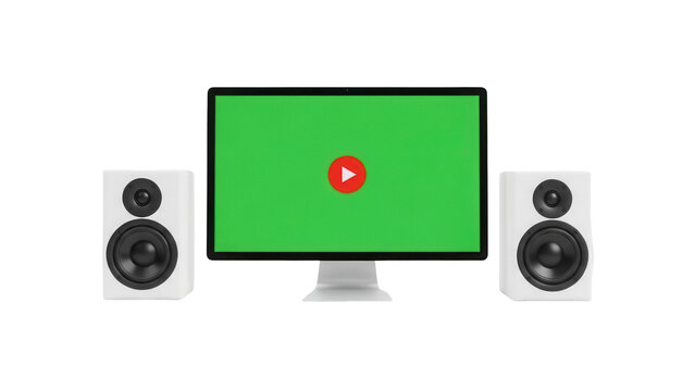 Modern computer monitor with green screen and speakers isolated PNG, multimedia equipment for home entertainment and creative projects