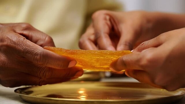A close-up of hands from different generations breaking a slab of golden brown gur sugar together over a brass plate in the warm light of a clay lamp against a backdrop of an interior. Concept of inte