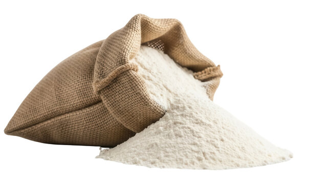 Burlap sack with flour spilling out isolated PNG, rustic bag of grain on transparent background for baking and cooking concepts