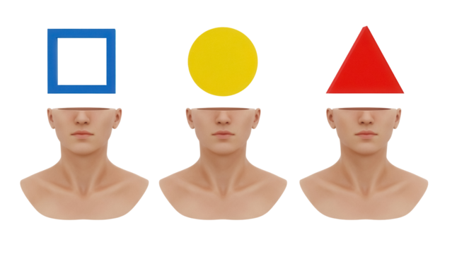 Conceptual human heads with geometric shapes isolated PNG, representing different mindsets and perspectives on transparent background - Powered by Adobe