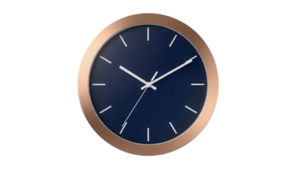Elegant navy blue wall clock with copper frame isolated PNG, time management and home decor element on transparent background