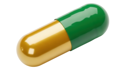 Green and gold capsule isolated PNG, medicine pill for healthcare and pharmaceutical use on transparent background
