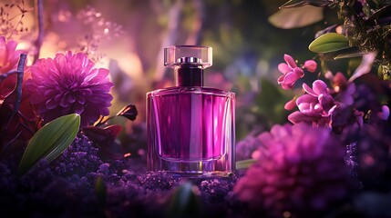 Luxury purple perfume bottle among blooming flowers
