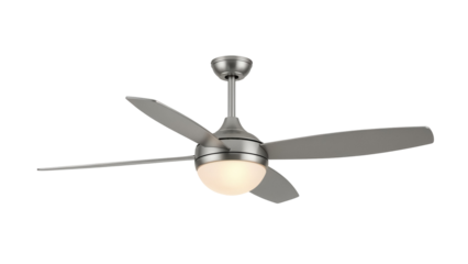 Modern silver ceiling fan with light isolated PNG, contemporary home lighting fixture on transparent background