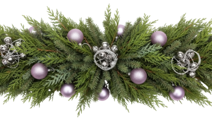 Isolated Christmas evergreen garland with shiny pink ornaments and silver bells for decoration