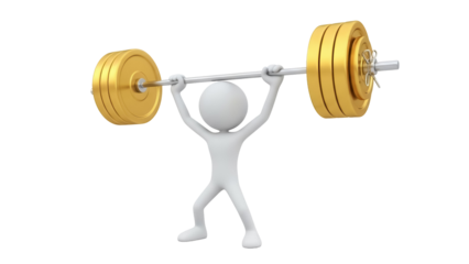 Stick figure lifting golden barbell PNG isolated on transparent background, weightlifting sport concept for strength and fitness