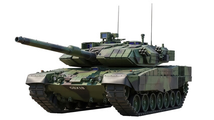 Camouflaged Leopard 2A7 main battle tank isolated PNG, modern military vehicle for defense and...