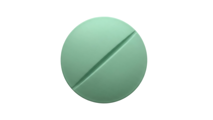 Green round pill isolated PNG on transparent background, single tablet with score line for medical treatment and pharmaceutical use