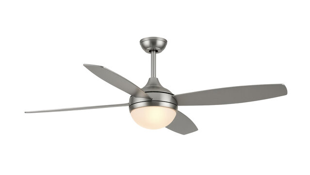 Modern silver ceiling fan with light isolated PNG, contemporary home lighting fixture on transparent background