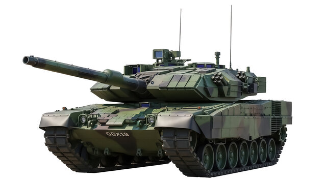 Camouflaged Leopard 2A7 main battle tank isolated PNG, modern military vehicle for defense and combat operations on transparent background