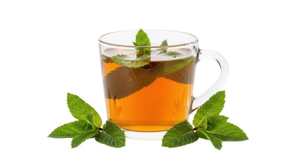 Refreshing mint tea in a glass cup isolated PNG, herbal beverage with fresh green leaves on transparent background for healthy lifestyle