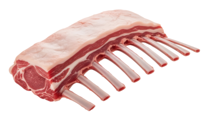 Raw rack of lamb isolated PNG, uncooked meat with ribs on transparent background, culinary ingredient for gourmet cooking and fine dining