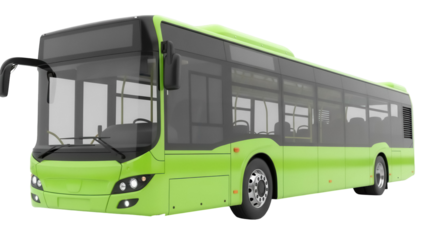 Green city bus PNG isolated on transparent background, modern public transport vehicle for urban mobility and eco-friendly travel