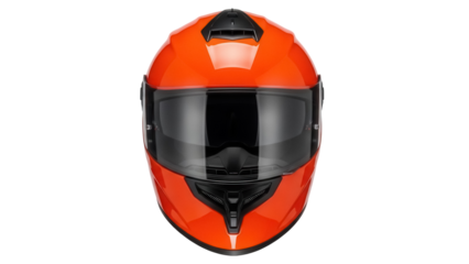 Bright orange motorcycle helmet isolated PNG, full face protective gear for racing and extreme sports on transparent background