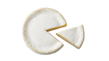 Brie cheese wheel with a slice cut out isolated PNG, creamy French cheese on transparent background for gourmet food and culinary projects