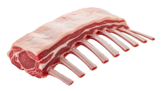 Raw rack of lamb isolated PNG, uncooked meat with ribs on transparent background, culinary ingredient for gourmet cooking and fine dining