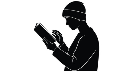 A contemplative reader engrossed in a book captured in a striking black and white silhouette © ArtBySalea07