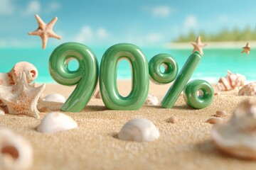 Ninety percent shiny digits placed on beach sand with shells and turquoise sea, tropical scene about sales and vacation.