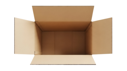 Open cardboard box PNG isolated on transparent background, brown container for shipping and storage, empty package for delivery