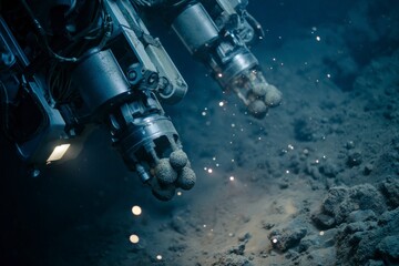 Underwater robotic arms collecting polymetallic nodules from deep sea floor, concept of resources, minerals, technology, energy and sustainability