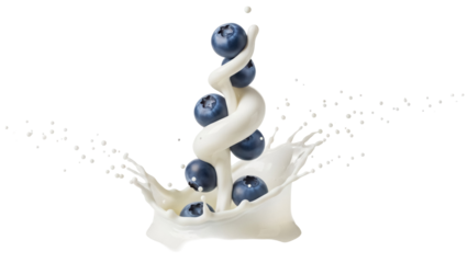 Fresh blueberries with cream splash isolated PNG, delicious fruit dessert with dairy swirl on transparent background for healthy eating and food design