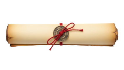 Antique rolled parchment paper scroll with red string and seal isolated PNG, vintage document for treasure map or historical message on transparent background