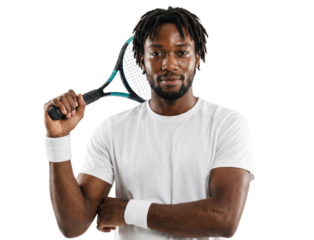 Confident Young Black Man Tennis Player Holding Racket on White Background