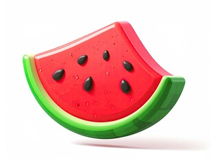 3D slice of watermelon with shiny red flesh and black seeds on white