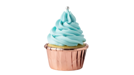 Delicious cupcake with light blue frosting isolated PNG, sweet dessert for birthday party and celebration on transparent background