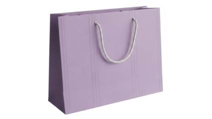 Lilac paper shopping bag isolated PNG, elegant gift bag with rope handles for retail and promotional use on transparent background