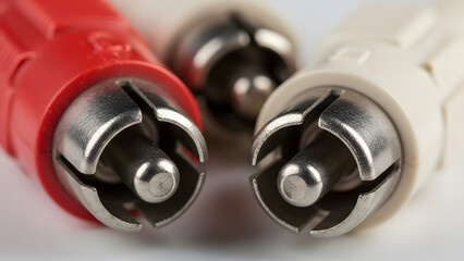 Close-up view of three RCA plugs, two red and one white, showing their metal tips for audio and video connections.