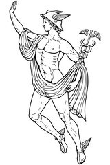 Fototapeta premium Black line art illustration of the Greek god Hermes (Mercury) with his winged helmet, winged sandals, and caduceus staff.