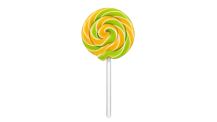 Isolated swirl lollipop on stick, green and yellow, delicious hard candy confection