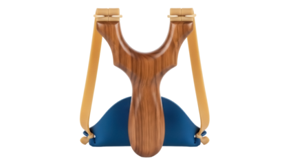 Wooden slingshot with blue pouch isolated PNG, classic toy for outdoor games and target practice on transparent background